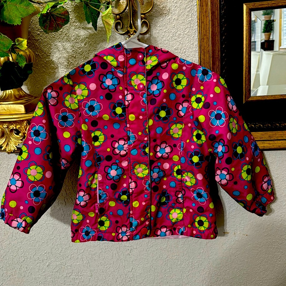 Size 5 Rain Coat Floral Polka Dot Hoodie Jacket Multicolor Pockets Full Zipper